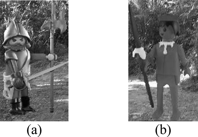 Personagens do jogo Adivinhe o n&uacute;mero xavante: o conquistador (a) e o &iacute;ndio (b).