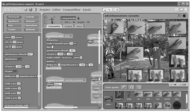 Tela do software Scratch com o jogo de adivinha&ccedil;&atilde;o e representa&ccedil;&atilde;o dos n&uacute;meros xavantes.