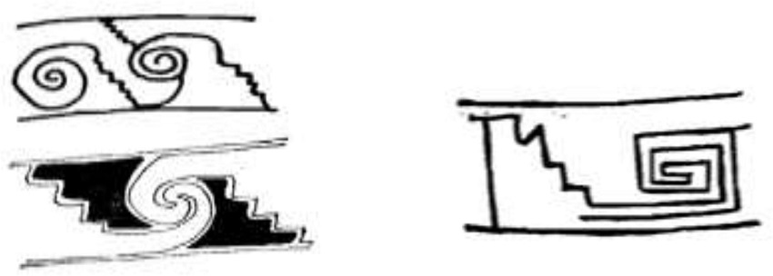 Grecas escalonadas en espiral y en recoveco que figuran en la cer&aacute;mica de la cultura Paquim&eacute; y en la cer&aacute;mica de la cultura Azteca