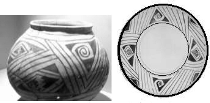 Olla de Paquim&eacute;, se aprecian grecas escalonadas y en espiral, sim&eacute;tricas respecto de la parte superior e inferior de la olla, muy semejantes a las analizadas por Vega en la cer&aacute;mica azteca. En la imagen derecha se encuentra el dise&ntilde;o en planta de la olla.
