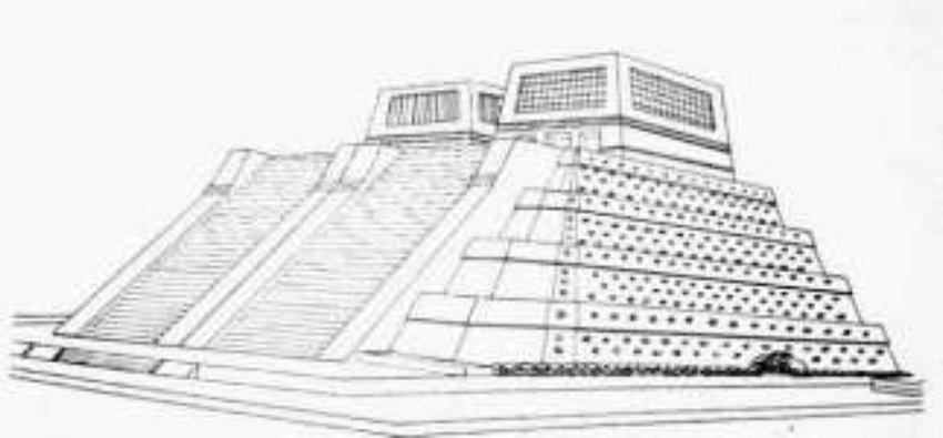 La pir&aacute;mide de Tenayuca, en el actual estado de M&eacute;xico, al lado norte, sobre la base, se aprecia la Xiuhc&oacute;atl, apuntando hacia la puesta del Sol el d&iacute;a del solsticio de Verano.