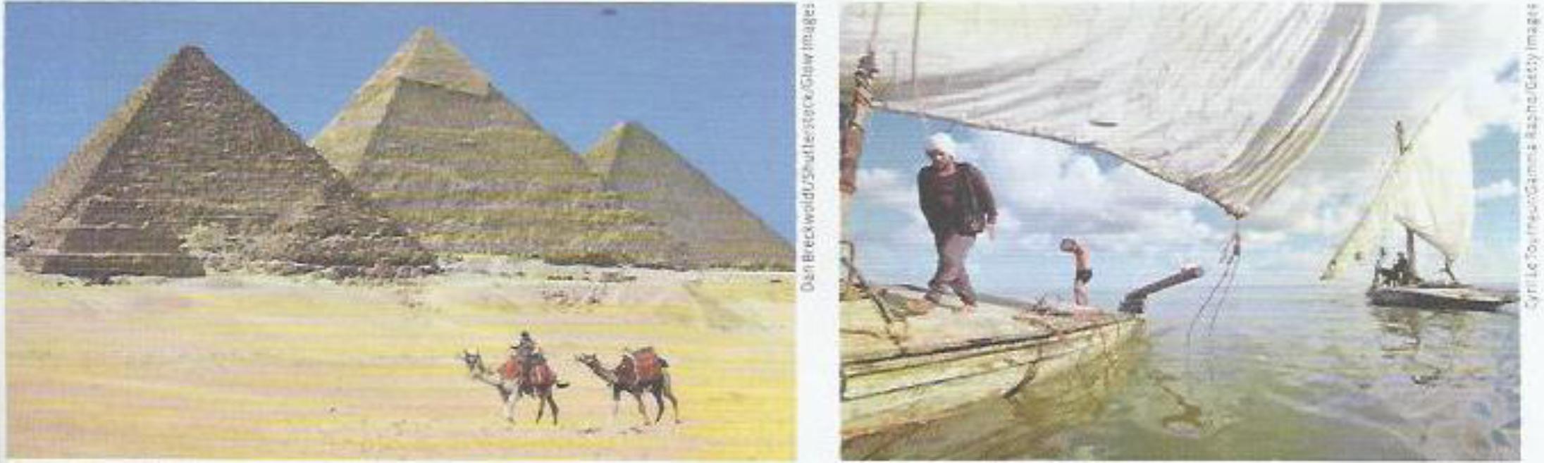 Texto imag&eacute;tico: fotografias de pir&acirc;mides eg&iacute;pcias e jangadas no rio Nilo, Egito.