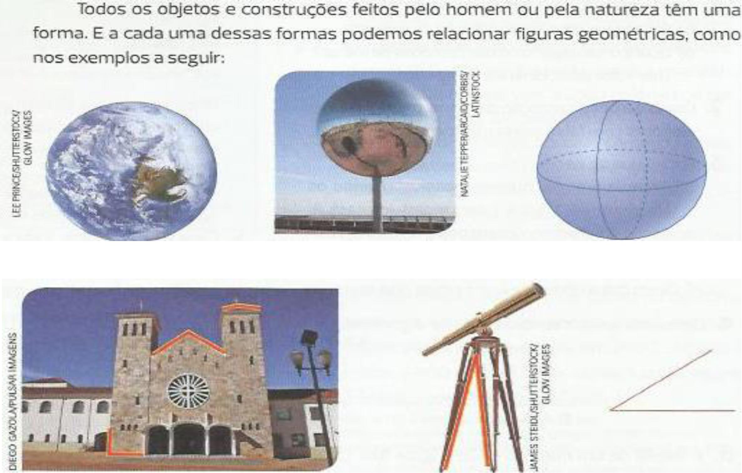 Texto escrito e texto imag&eacute;tico: fotografias do planeta terra, de escultura Comma (artista chin&ecirc;s Po Shu Wang, 2007), de igreja e de telesc&oacute;pio e figuras geom&eacute;tricas.