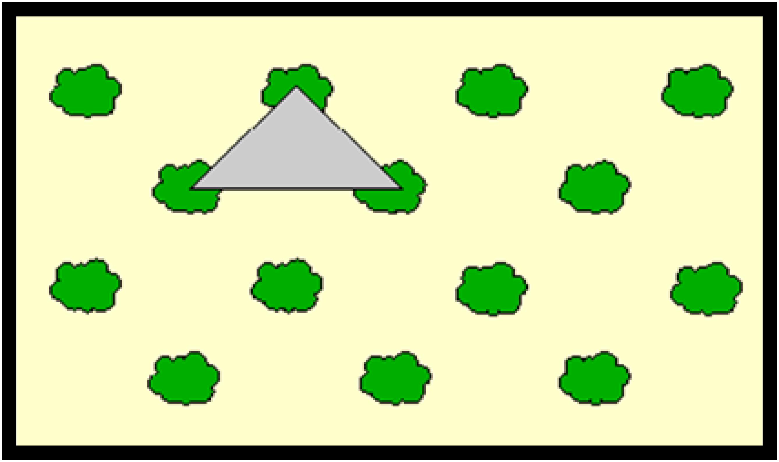 Esquema de um pomar na forma tri&acirc;ngulo equil&aacute;tero
