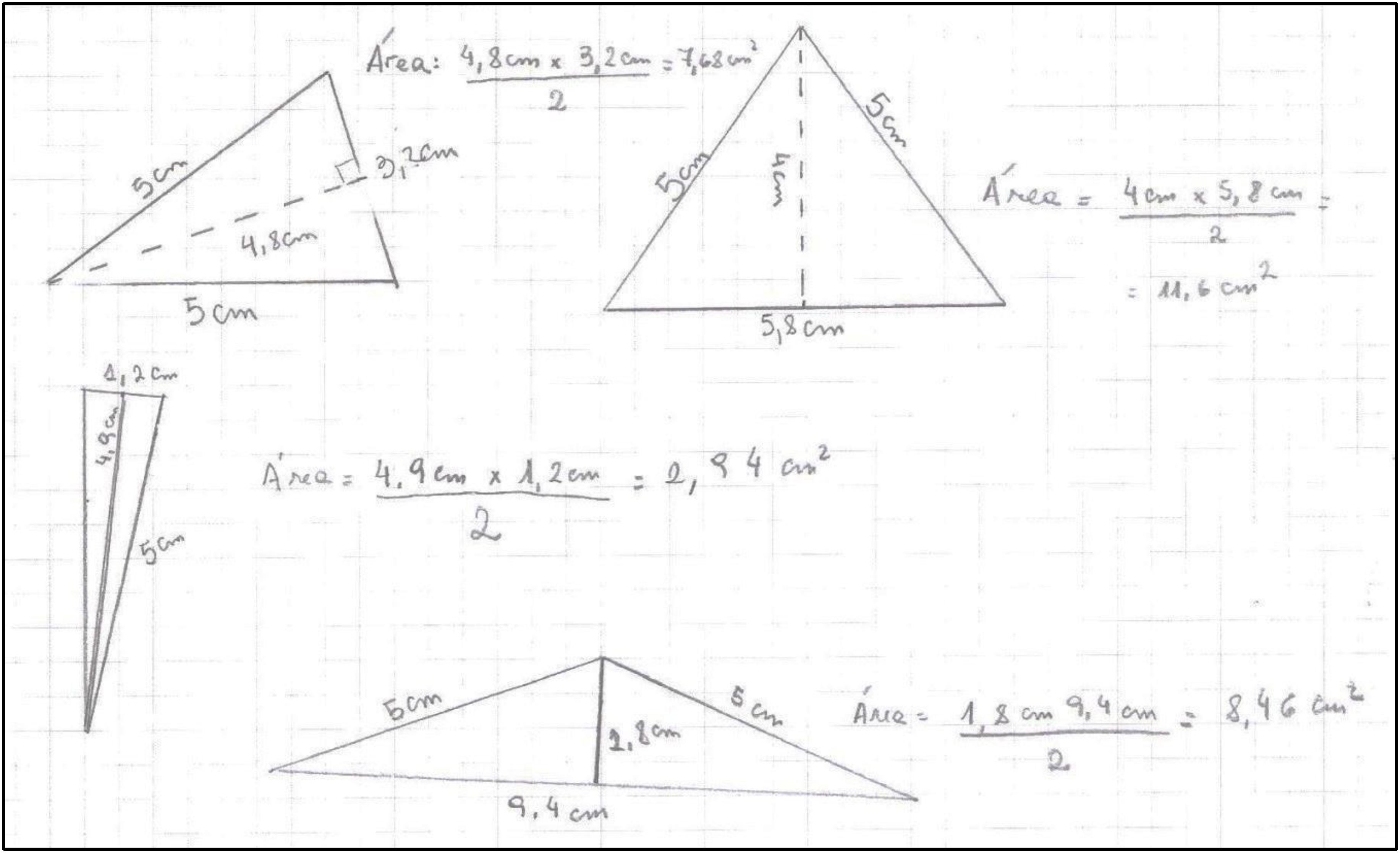 Determinaci&oacute;n de la altura y el &aacute;rea del tri&aacute;ngulo mediante medici&oacute;n con regla en distintos tri&aacute;ngulos