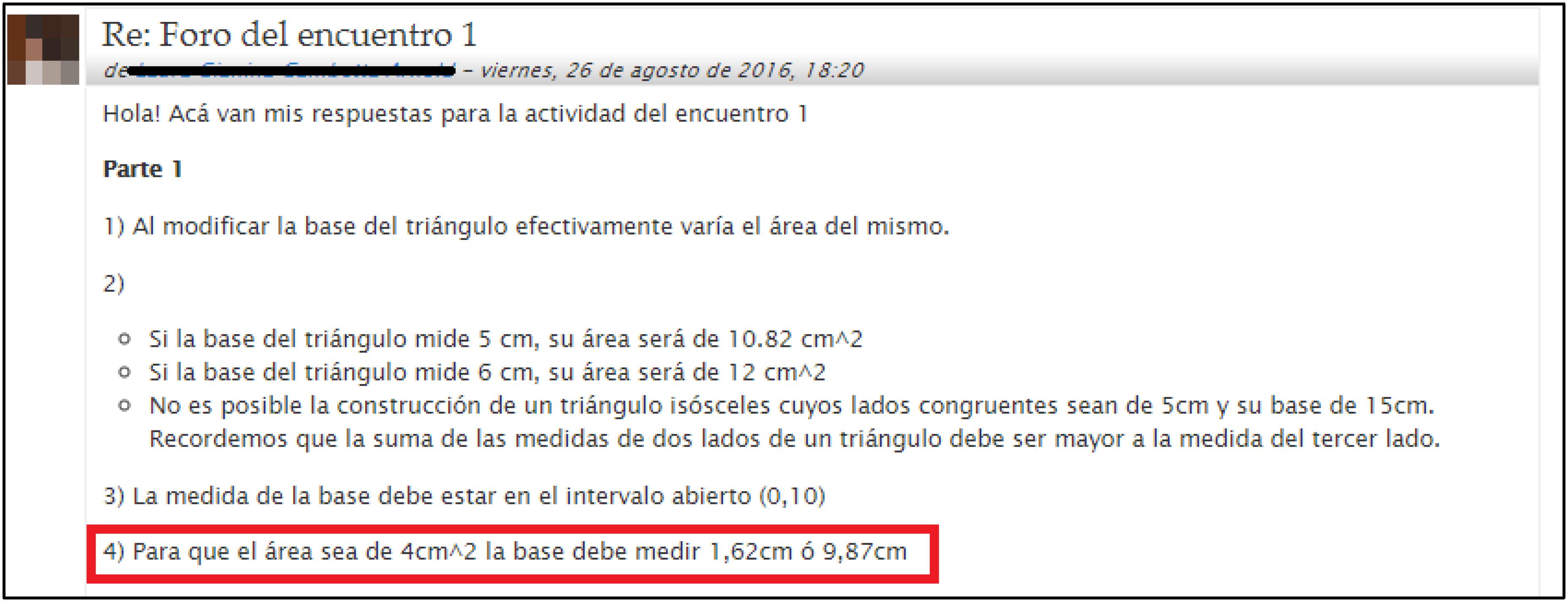 Ejemplo de intervenci&oacute;n en el foro del curso en l&iacute;nea de una participante que solamente encontr&oacute; ambas soluciones