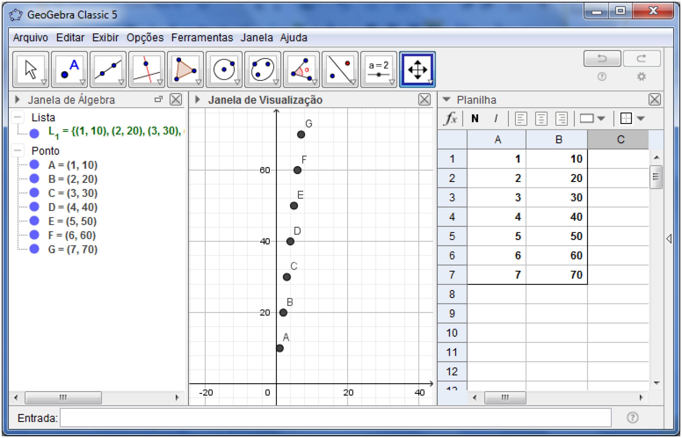 Lista de pontos na janela de visualiza&ccedil;&atilde;o da quest&atilde;o 1 da atividade &ldquo;Grandezas Proporcionais&rdquo;