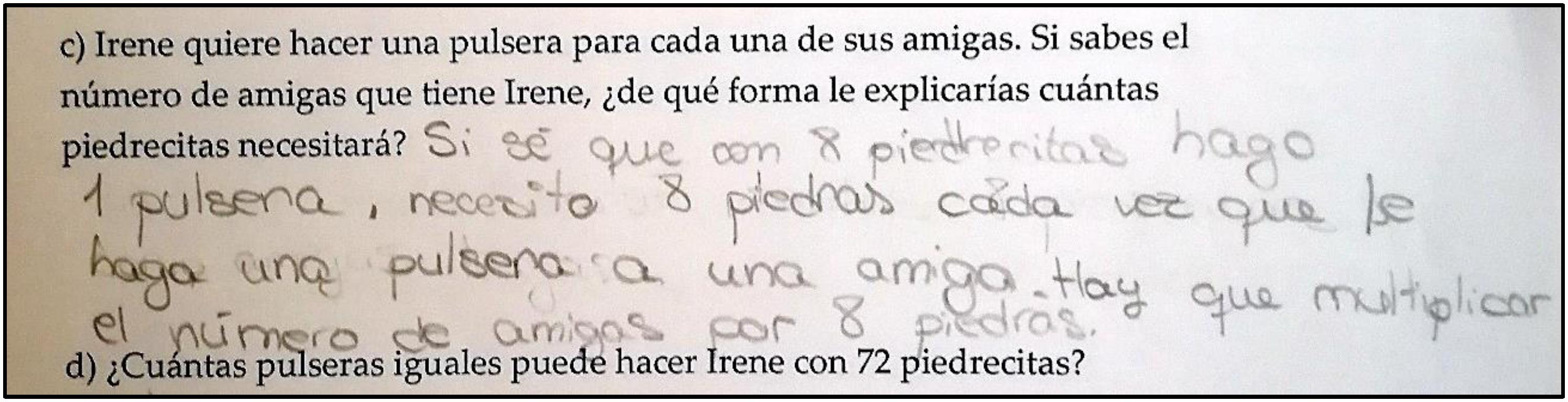 Respuesta de una alumna basada en el significado del valor unitario