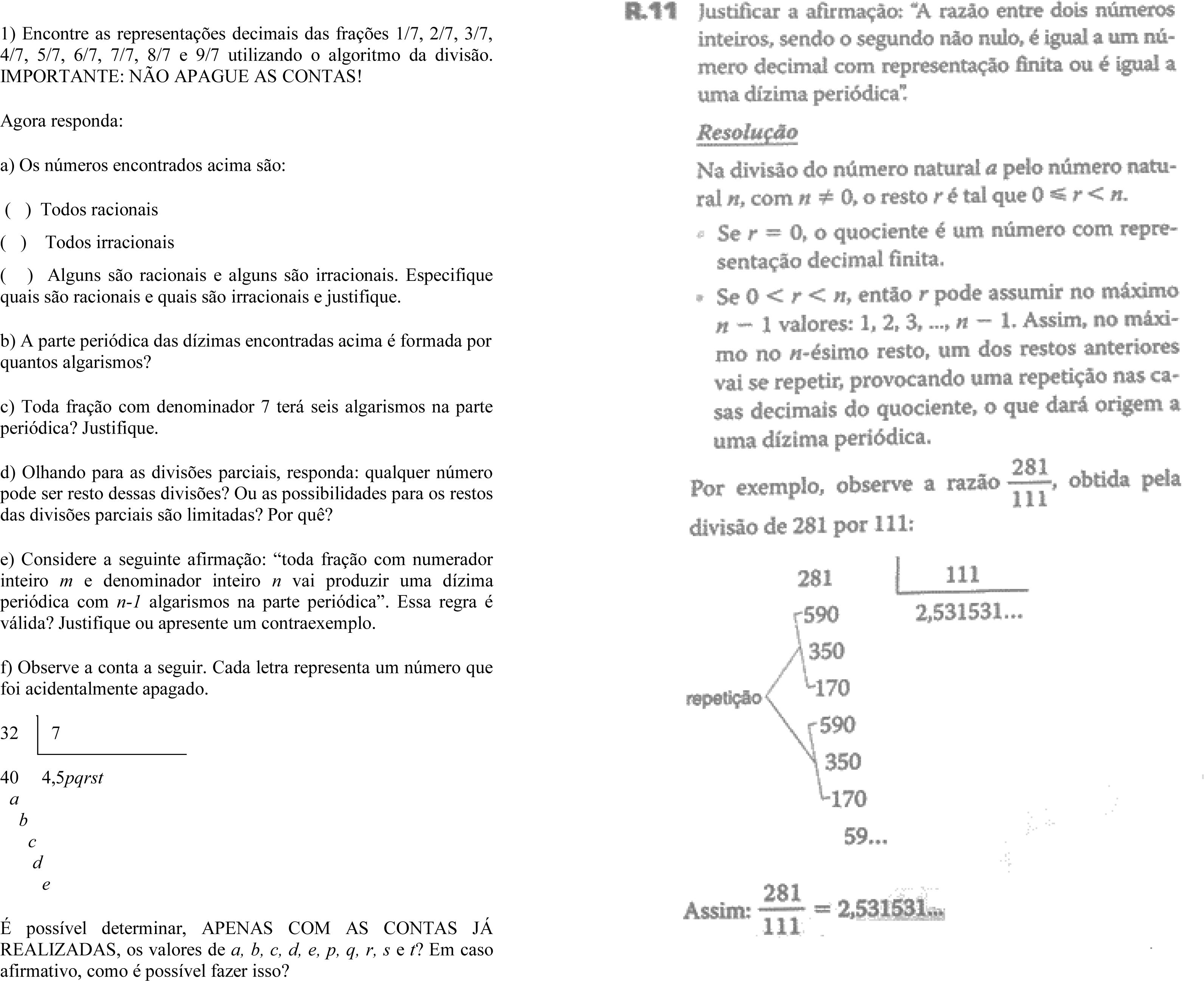 Atividade que dá sentido à definição de número racional.