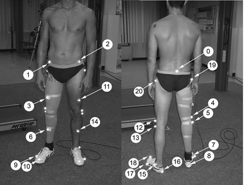 Placement of markers (LAMB protocol). (0)PSIS MX, (1)ASIS RX, (2)ASIS LX, (3)THIGH RX, (4)LATCON RX, (5)FH RX, (6)SHANK RX, (7)LATMAL RX, (8)HEEL RX, (9)META5 RX, (10)TOE1 RX, (11)THIGH LX, (12)LATCON LX, (13)FH, LX, (14)SHANK LX, (15)LATMAL LX, (16)HEEL LX, (17)META5 LX, (18)TOE1 LX, (19)TROCH RX, (20)TROCH LX.