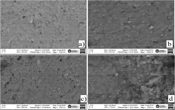 Microphotographs of SEM of sample M1 to 2000X. a) M1E-1200; b) M1P-1200; c) M1E-1250; d) M1P-1250.