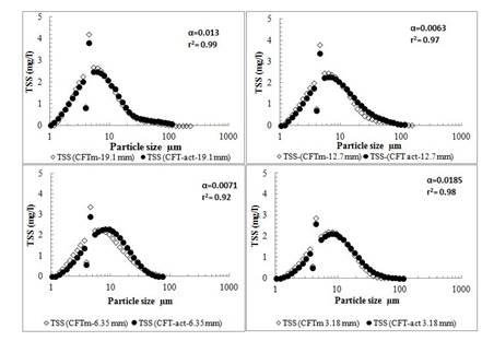 Attachment factor (α) obtained by trial and error between CFTm (calculated) and CFT act (measured by particle size test) for different gravel layer size (vf= 0,5 m/h).