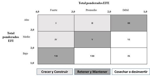 Program status according to EFE and EFI total. Source: David (2003). Adapted by the authors.