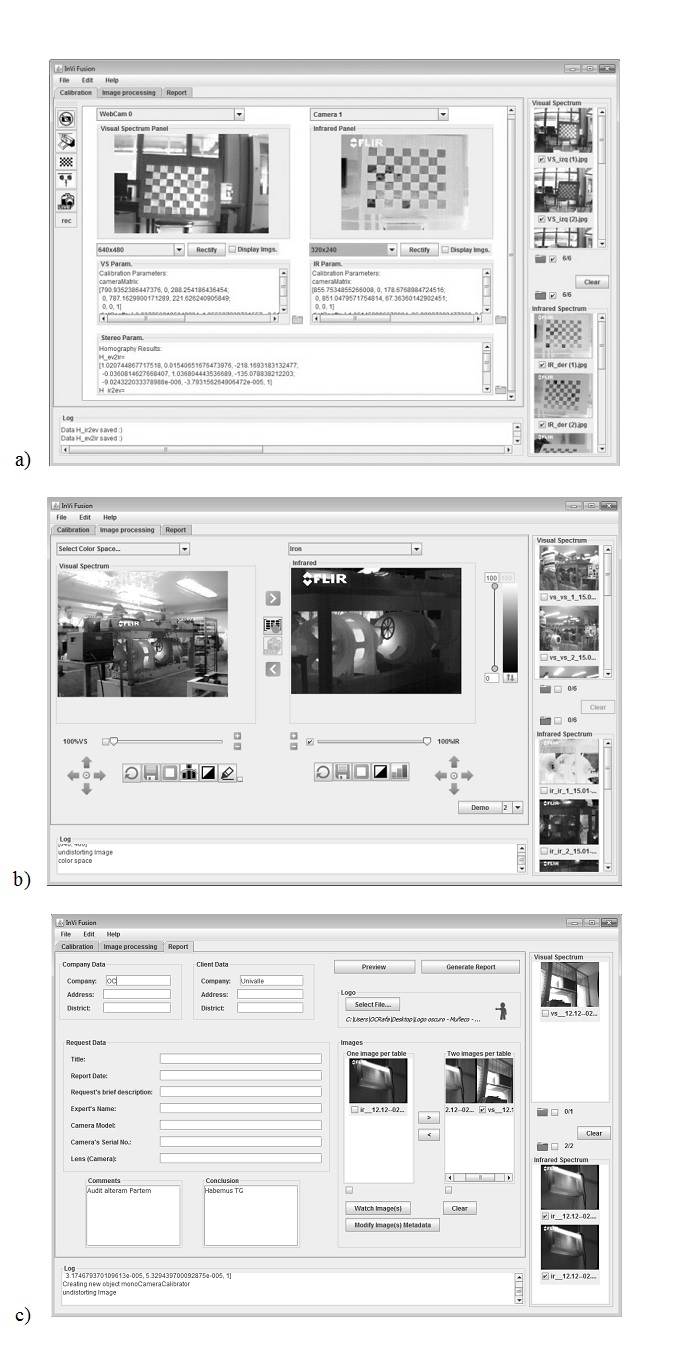 a) INVIFusion calibration module. b) INVIFusion multimodal image fusion module. c) INVIFusion report module.