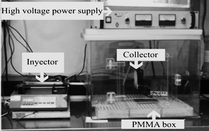Electrospinning equipment used to prepare scaffolds, developed at the Institute of Materials Research IIM-UNAM, Mexico.