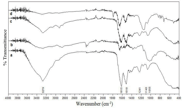 Comparison between infrared spectra silkworm cocoon (a), fibroin (b), chitosan (c) and QS: FGS scaffold (d).