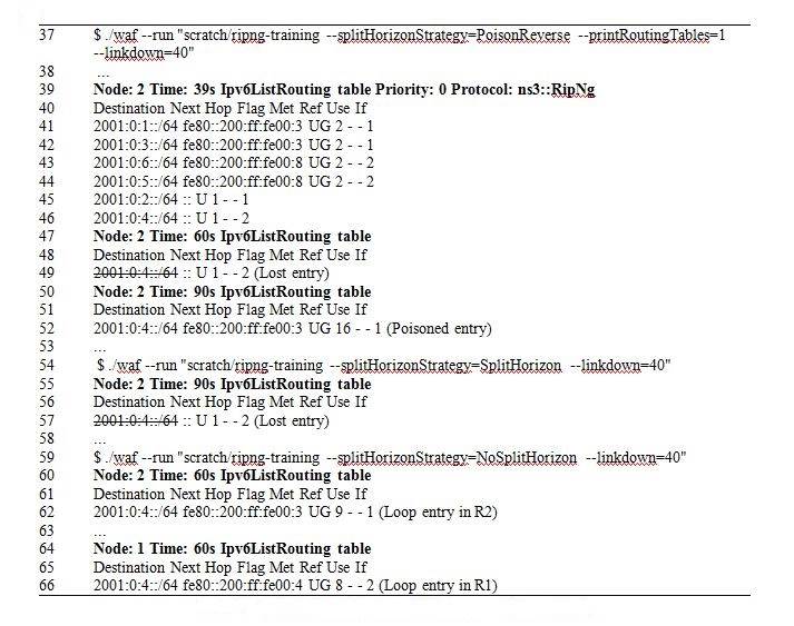 Routing tables for different Split Horizon strategies.