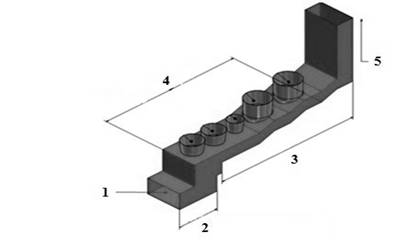 General diagram for a traditional panela making furnace. 1. Area for bagasse feeding. 2. Chamber of combustion. 3. Gas pipeline. 4. Heat exchangers or pans (pailas in Spanish). 5. Chimney.