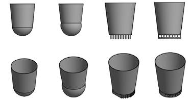 Heat exchangers used by the panela agroindustry. From left to right: traditional semi-cylindrical, improved semi-cylindrical, finned and pyro tubular 44.