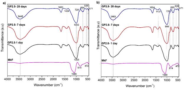 FTIR for (a) Geopolymer pastes (b) MkF raw material. 
