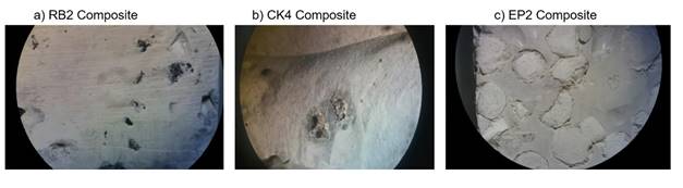 Optical microscopy images in stereoscope for geopolymer composites at 28 curing days: (a) RB2, (b) CK4 (c) EP2. 