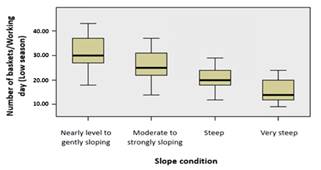Box and whisker diagram for assessing the influence of slope conditions on efficiency indicators low season. 