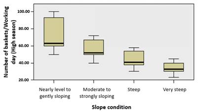 Box and whisker diagram for assessing the influence of slope conditions on efficiency indicators high season. 