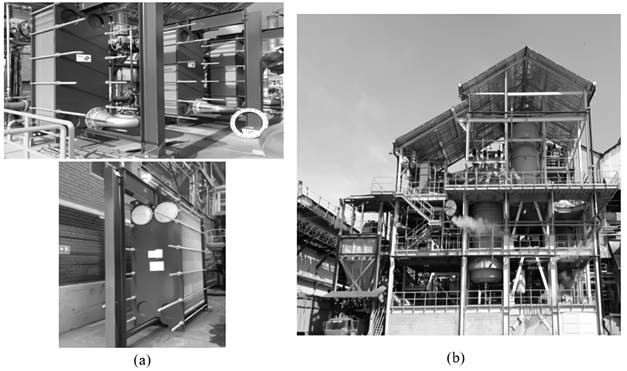 Equipos instalados: (a) Intercambiadores de calor de jugo crudo y claro. (b) Evaporador Multicalandria de primer efecto. 