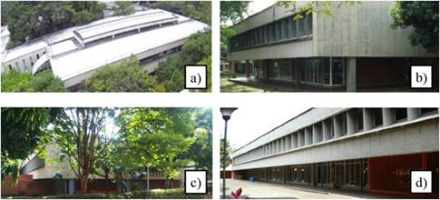 Representative buildings: a) Type 1, area 2667 m2 and weight 2013 tons. b) Type 2, area 1164 m2 and weight 1022 tons. c) Type 3, area 2278 m2 and weight 1784 tons. d) Type 4, area 3333 m2 and weight 2885 tons. 