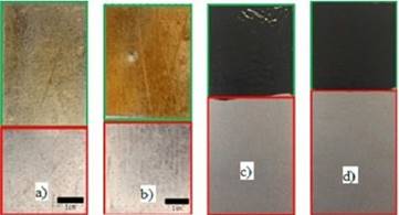 Physical appearance of coated sheets after adhesion test: a) ELO resin; b) ELO-BFA resin; c) ELO-CB resin; d) ELO-BFA-CB resin. 