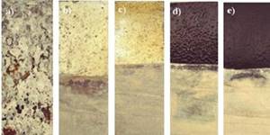 Physical appearance of the different substrates after 240 h into a salt spray chamber: a) Uncoated; b) Coated with ELO; c) Coated with ELO-BFA; d) Coated with ELO-CB; e) Coated with ELO-BFA-CB. 