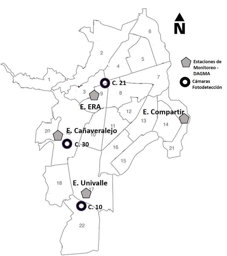 Mapa de la zona urbana del Distrito de Santiago de Cali. Localizaci&oacute;n de las estaciones de monitoreo de contaminantes y meteorolog&iacute;a y c&aacute;maras de foto detecci&oacute;n. 