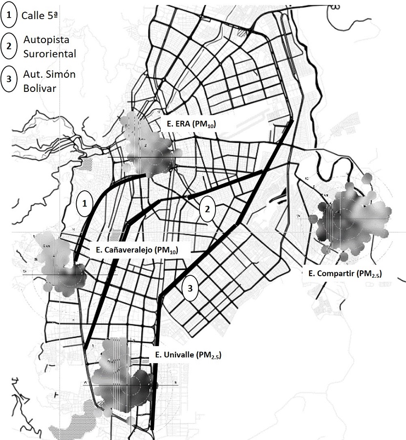 Mapa del DSC con gr&aacute;ficas polares de concentraci&oacute;n de material particulado registrado por cuatro estaciones de monitoreo.