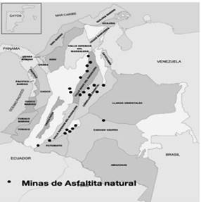 Distribución de las cuencas sedimentarias de Colombia y minas con asfaltitas (círculos negros corresponden a las minas autorizadas de asfalto natural). 