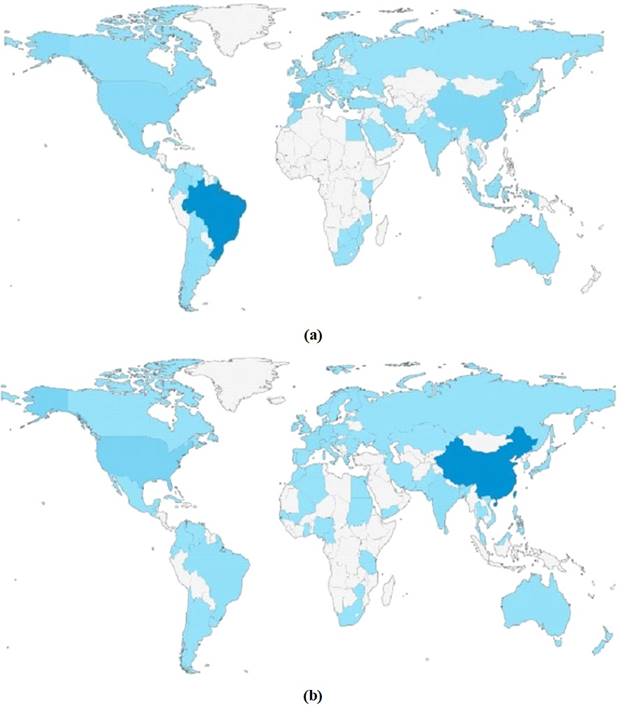 (a). Mapa de densidad de investigaci&oacute;n de Vinazas. (b). Mapa de densidad con relaci&oacute;n a patentes de Vinazas. 