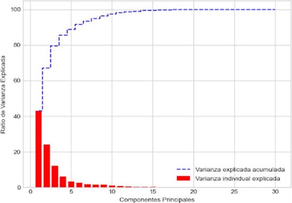 Gr&aacute;fico de porcentaje de informaci&oacute;n individual y acumulada respecto a los componentes principales