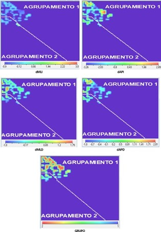 Mapas de calor de las variables del desplazamiento del CoP. En la parte inferior de cada mapa aparece la correspondencia entre el color y el valor.
