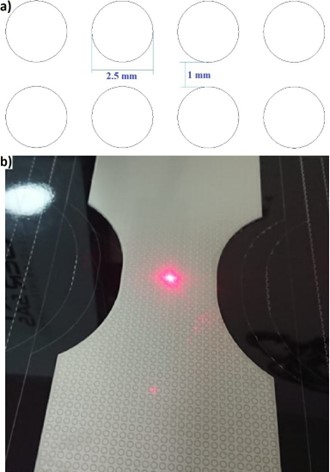 a) Patrón utilizado. b) Montaje y grabado láser de las probetas. 