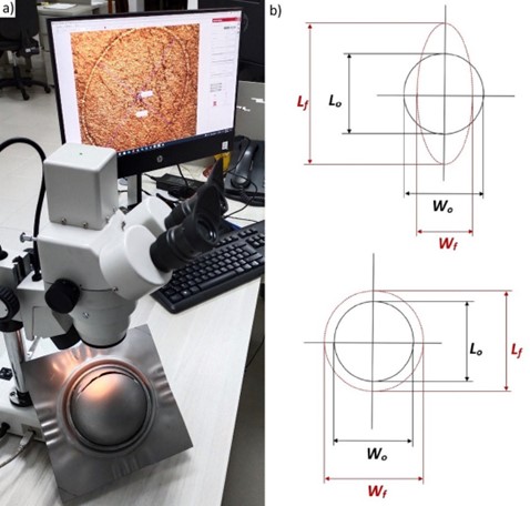 a) Montaje de la probeta sobre estereomicroscopio para medición. b) Formas adquiridas por los círculos después del ensayo. 