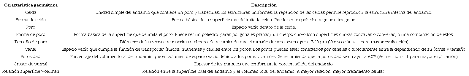 Características geométricas de los andamios para ITO.