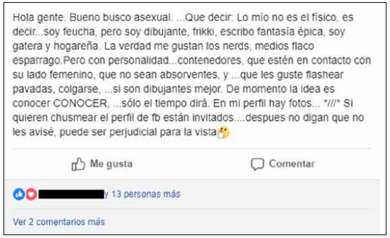 Comentario publicado en el grupo de Facebook. &ldquo;Yo tambi&eacute;n soy asexual - Argentina&rdquo; el 20/11/2017