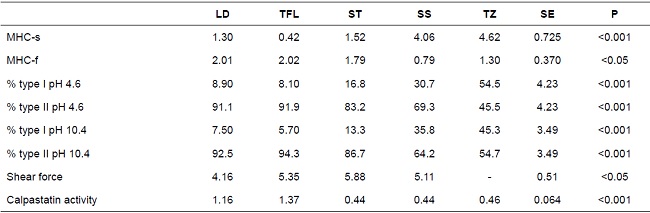 Content of slow chain myosin (MHC-S) and fast chain myosin (MHC-f), fiber type distribution (Type I and II), shear force, and calpastatin activity in skeletal muscle of sheep.