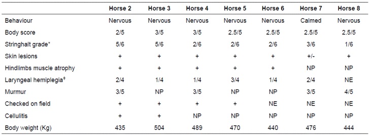 Clinical findings and other features of the horses on first examination at the Large Animal Clinic, Universidad Nacional de Colombia.