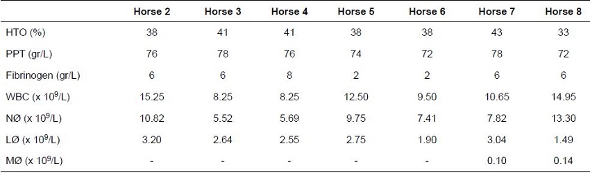 Laboratory findings on the horses examined at the Large Animal Clinic, Universidad Nacional de Colombia.