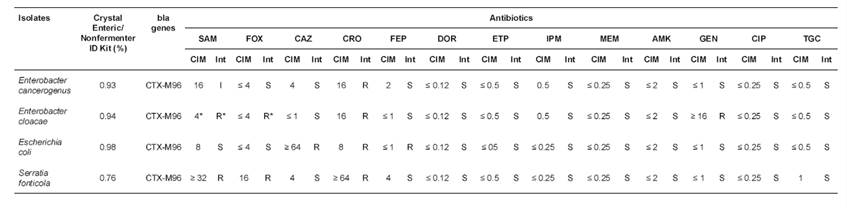 Minimum inhibitory concentration (MIC) values obtained by the microdilution method in 07.01 Vitek 2 broth (bioM&eacute;rieux) for 4 isolates of ESBL-producing Enterobacteriaceae in bulk-tank milk (n = 120) at Entrerr&iacute;os, Antioquia (Colombia).