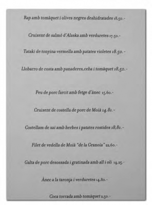 Ejemplo de carta de restaurante del Moian&egrave;s donde se especifica el origen local de la carne de ternera y de cerdo