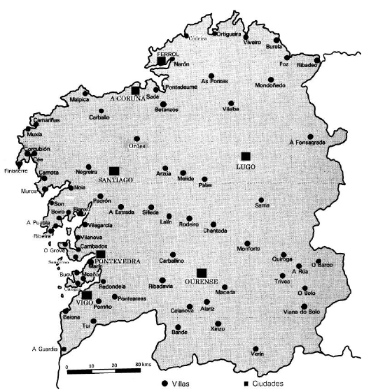 Principales vilas y ciudades en Galicia