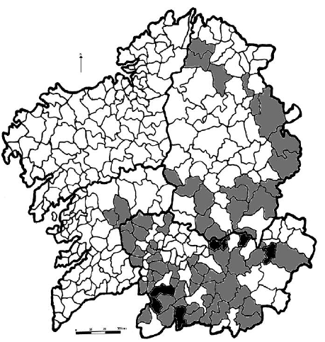 Municipios gallegos con más del 40 por ciento (gris)y más del 50 por ciento (negro) de mayores de 65 años en 2015