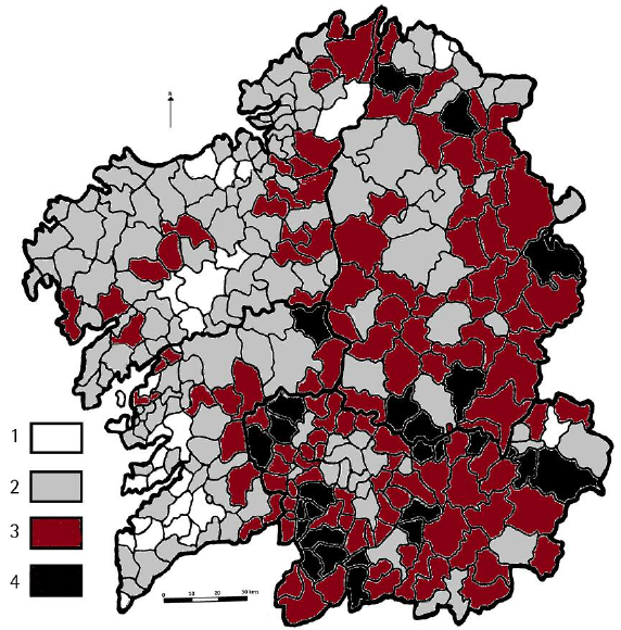 Reparto municipal del índice de dependencia en 2015