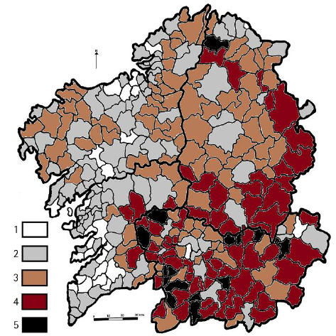 Reparto municipal del índice de dependencia de los viejos en 2015